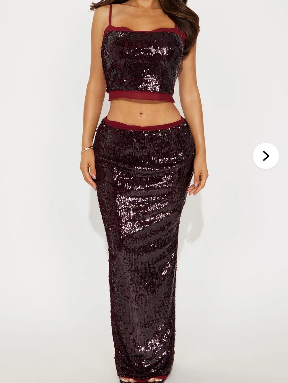 Fashion Nova Burgundy Sequin Two-Piece Maxi Skirt Set
